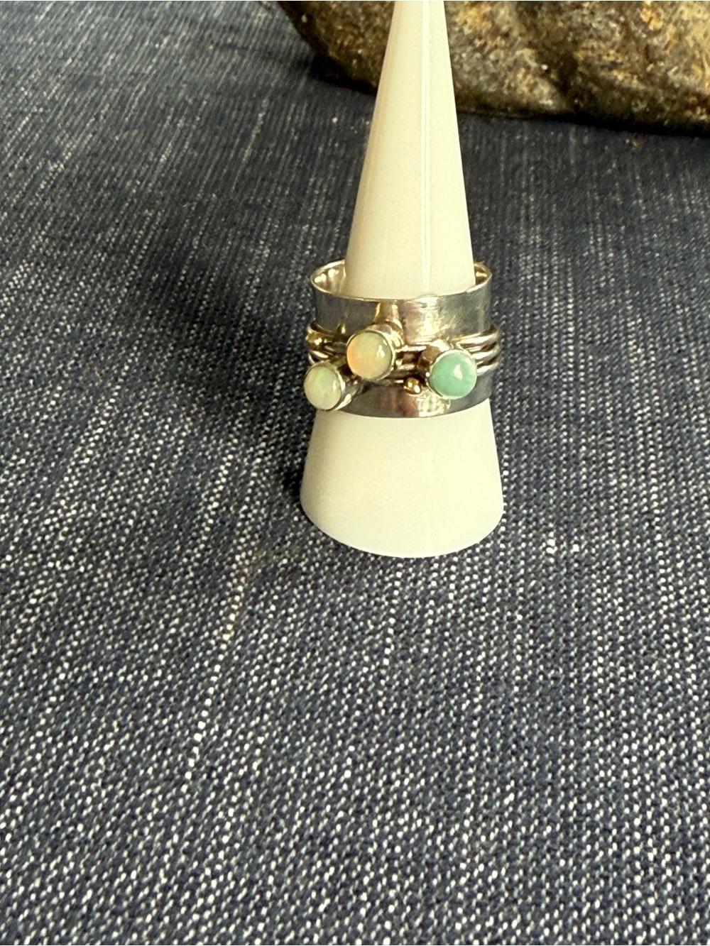Hand Crafted Silver Stackable Ring with Green and Opalescent Stones - .925 St